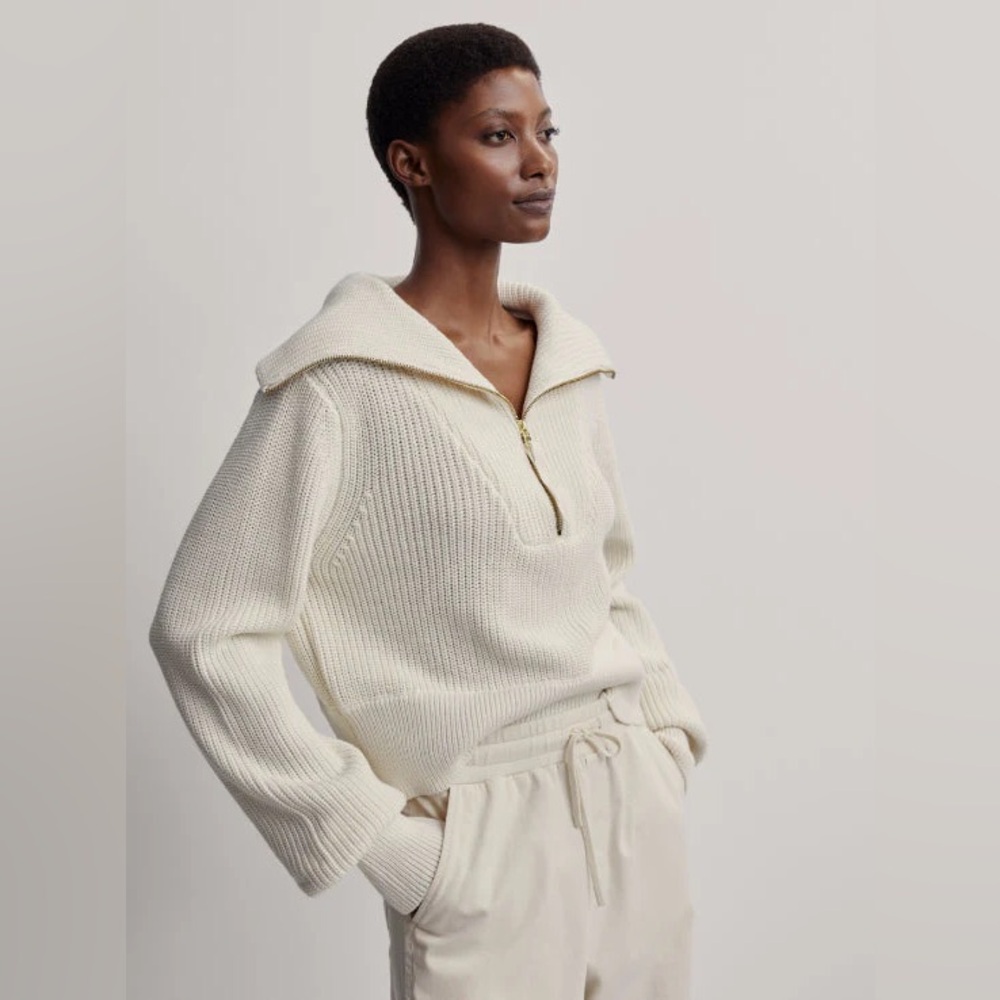 Varley Mentone Half Zip Sweater Cream Chunky Knit Cotton Boxy Size Medium